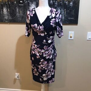 Ralph Lauren Floral Navy Blue Faux Wrap Dress with Cinched Waist-10P